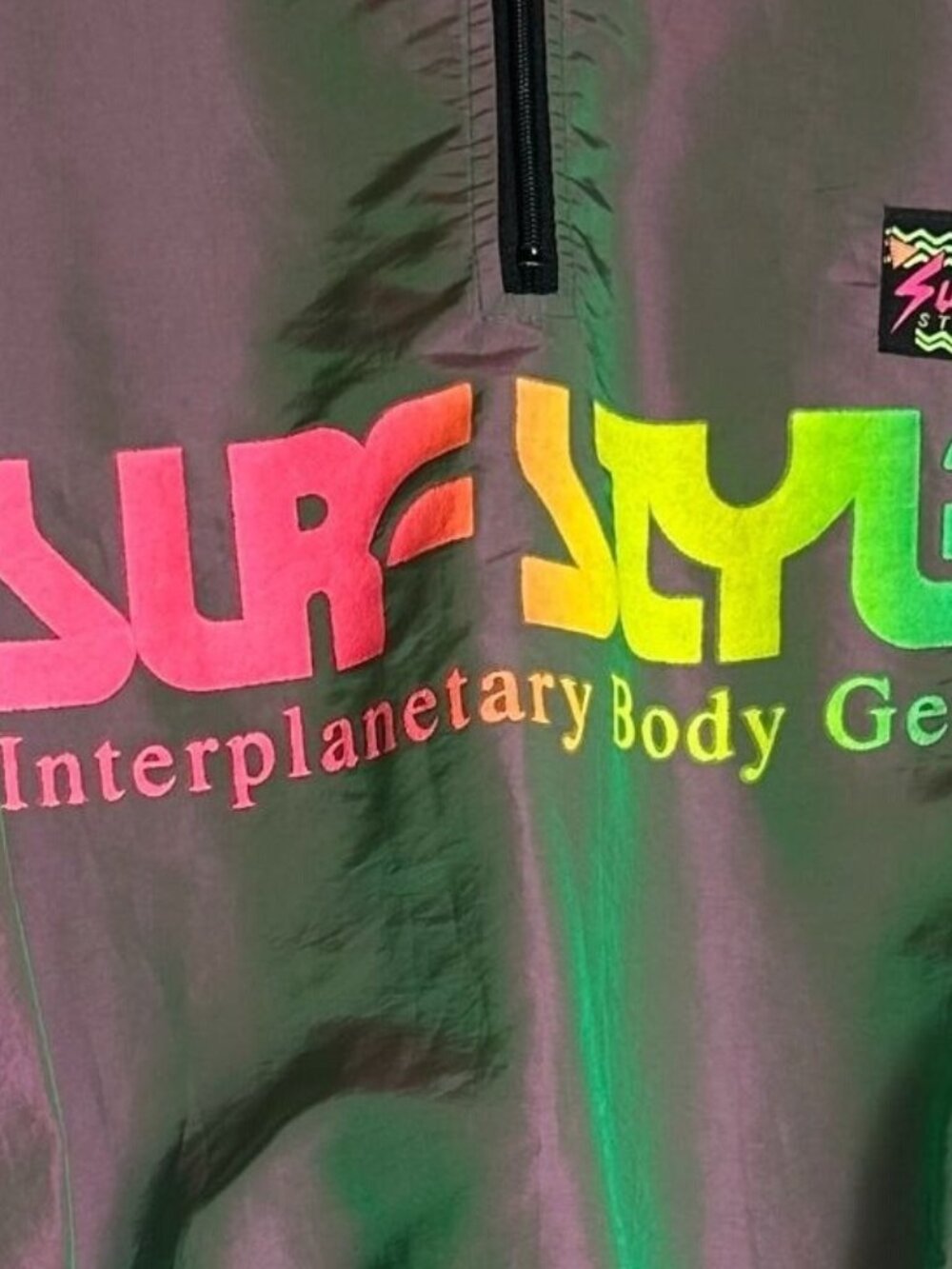 Vintage Surf Style Iridescent Windbreaker Pullover Jacket With Neon Graphics & H
